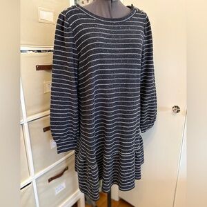 LOFT Grey and White Striped Long Sleeve Dress